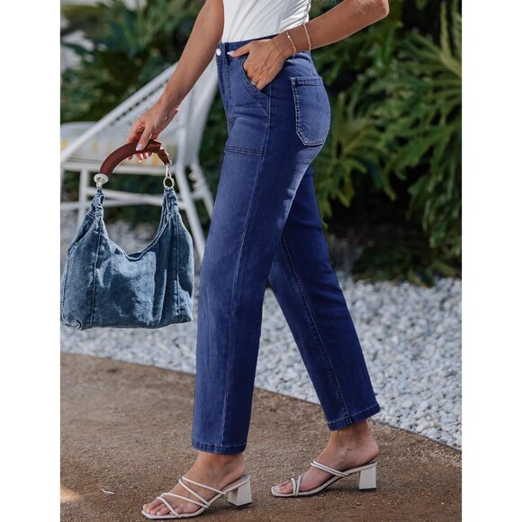 Women Straight Leg Jeans High Waisted Stretchy Denim Ankle Length Pockets - Picture 7 of 8